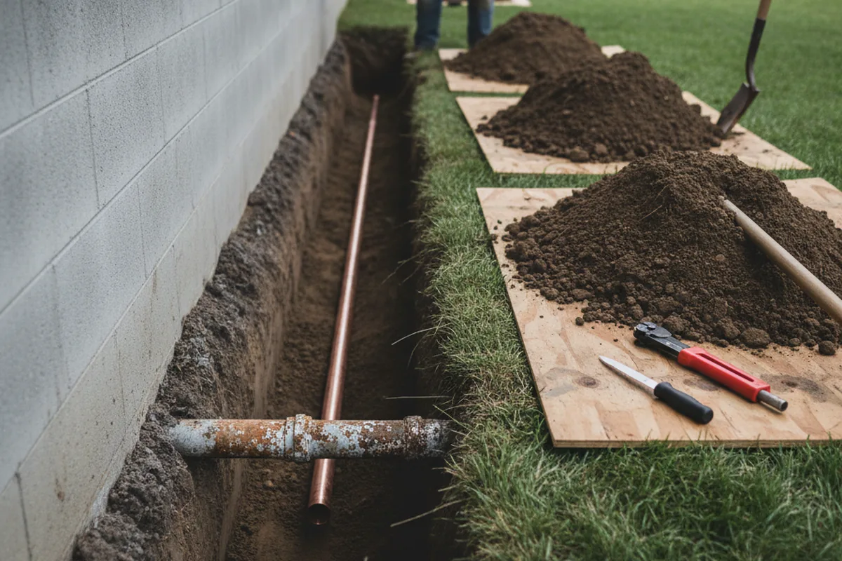 Excavated water line trench during Sewer Line Repair in Millbrook